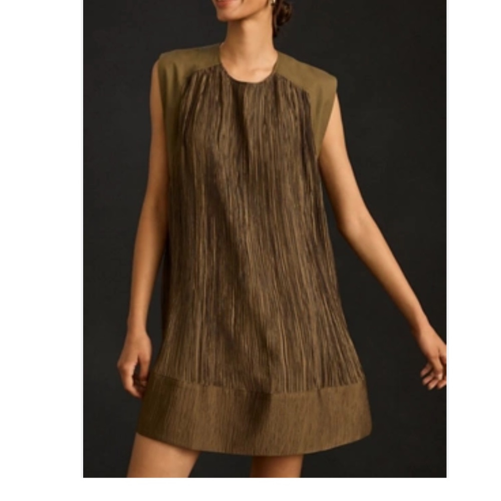 Anthropologie Cap Sleeve green Plisse mini dress - Picture 3 of 4